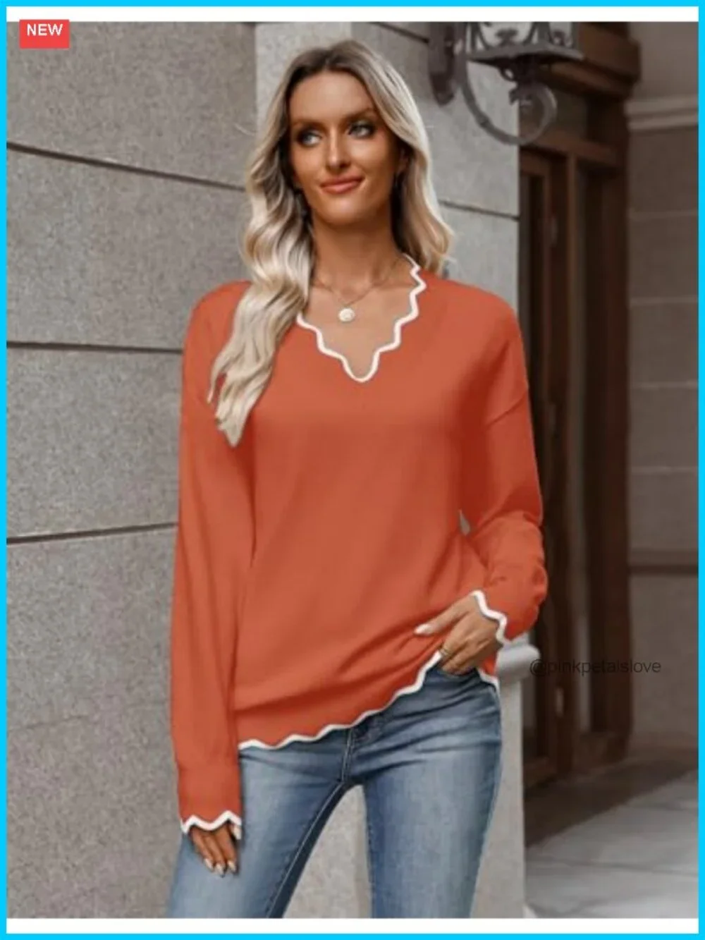 V Neck Long Sleeve Lightweight Knit Pullover Sweater